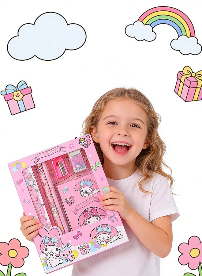 سانريو مجموعة أدوات مكتبية طلابية من سانريو ماي ميلودي، علبة هدايا للوازم المدرسية لطلاب المرحلة الابتدائية، تتضمن أقلام رصاص/ممحاة/مبراة أقلام رصاص/مسطرة/دفتر ملاحظات، هدية مثالية للعودة إلى المدرسة وأعياد الميلاد - Image 3